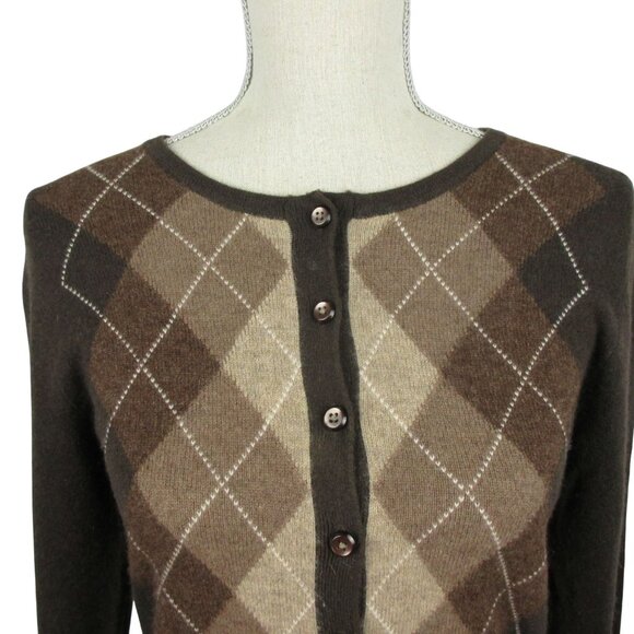 Apt 9 100% Cashmere Cardigan Sweater Size S Argyle Brown - Picture 2 of 6